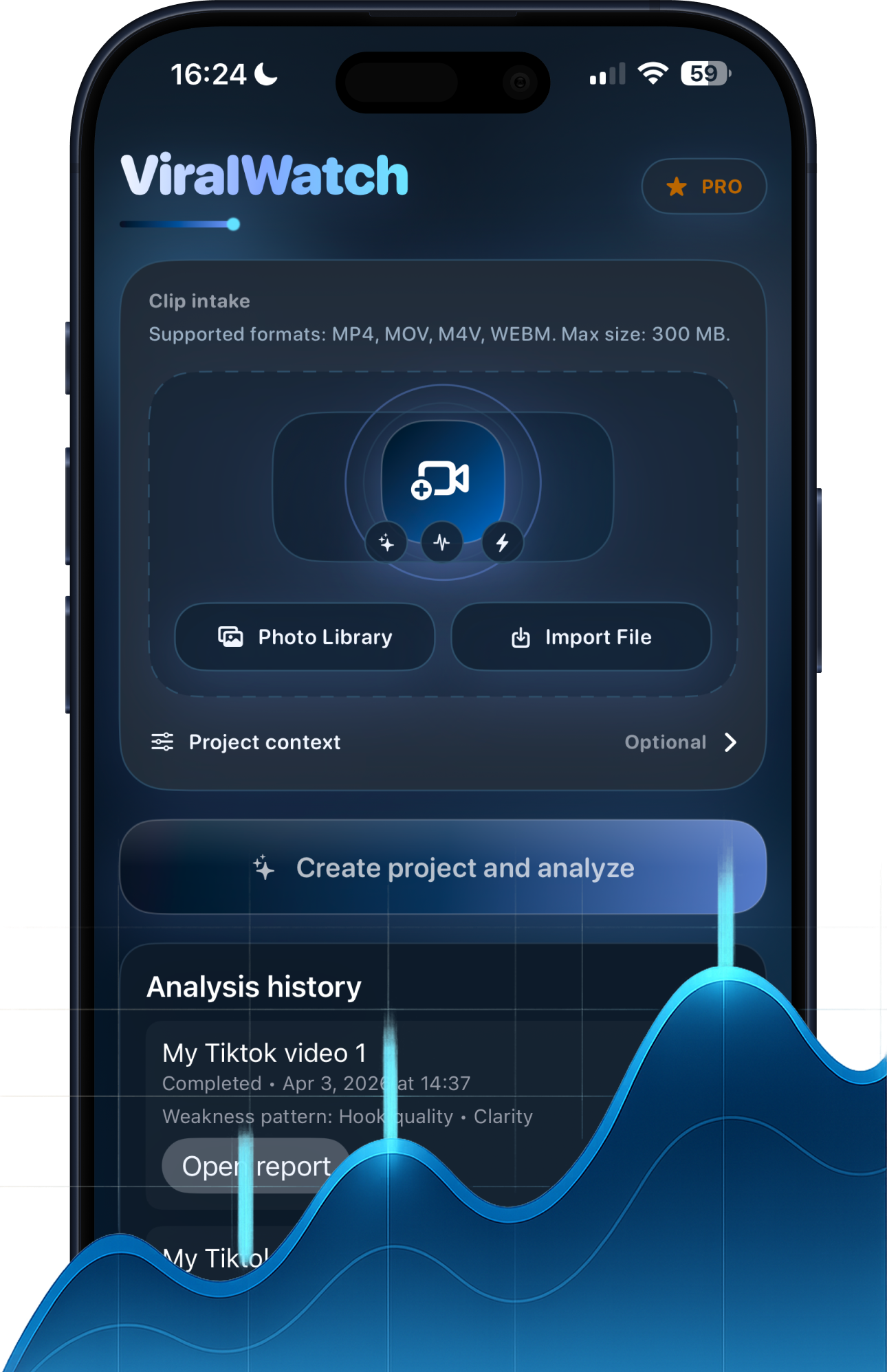 ViralWatch app screenshot showing upload intake and analysis history